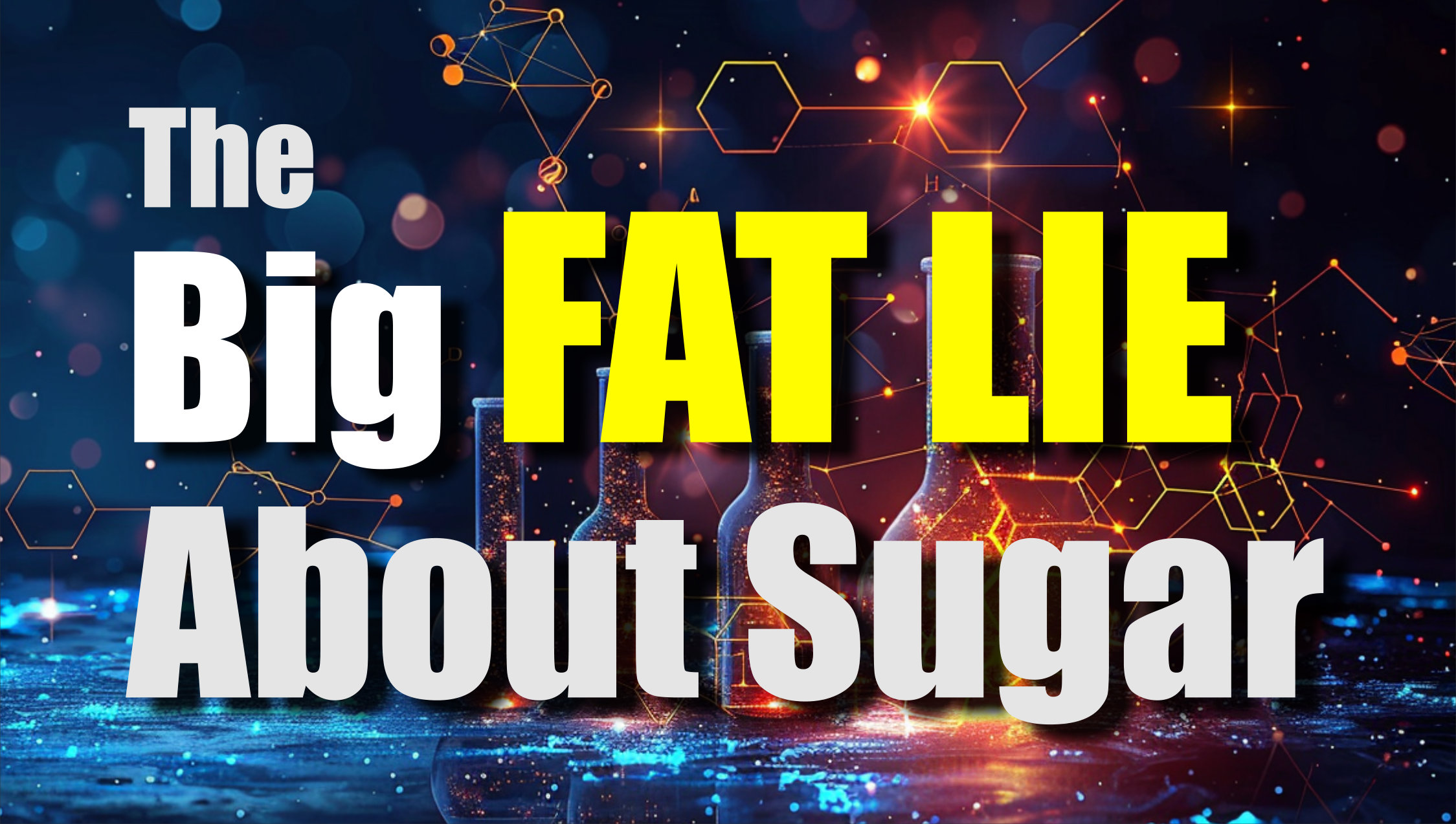 Text reads “The Big FAT LIE About Sugar” in bold letters against a background of glowing bottles and abstract orange and blue geometric shapes. The words FAT LIE are highlighted in yellow.