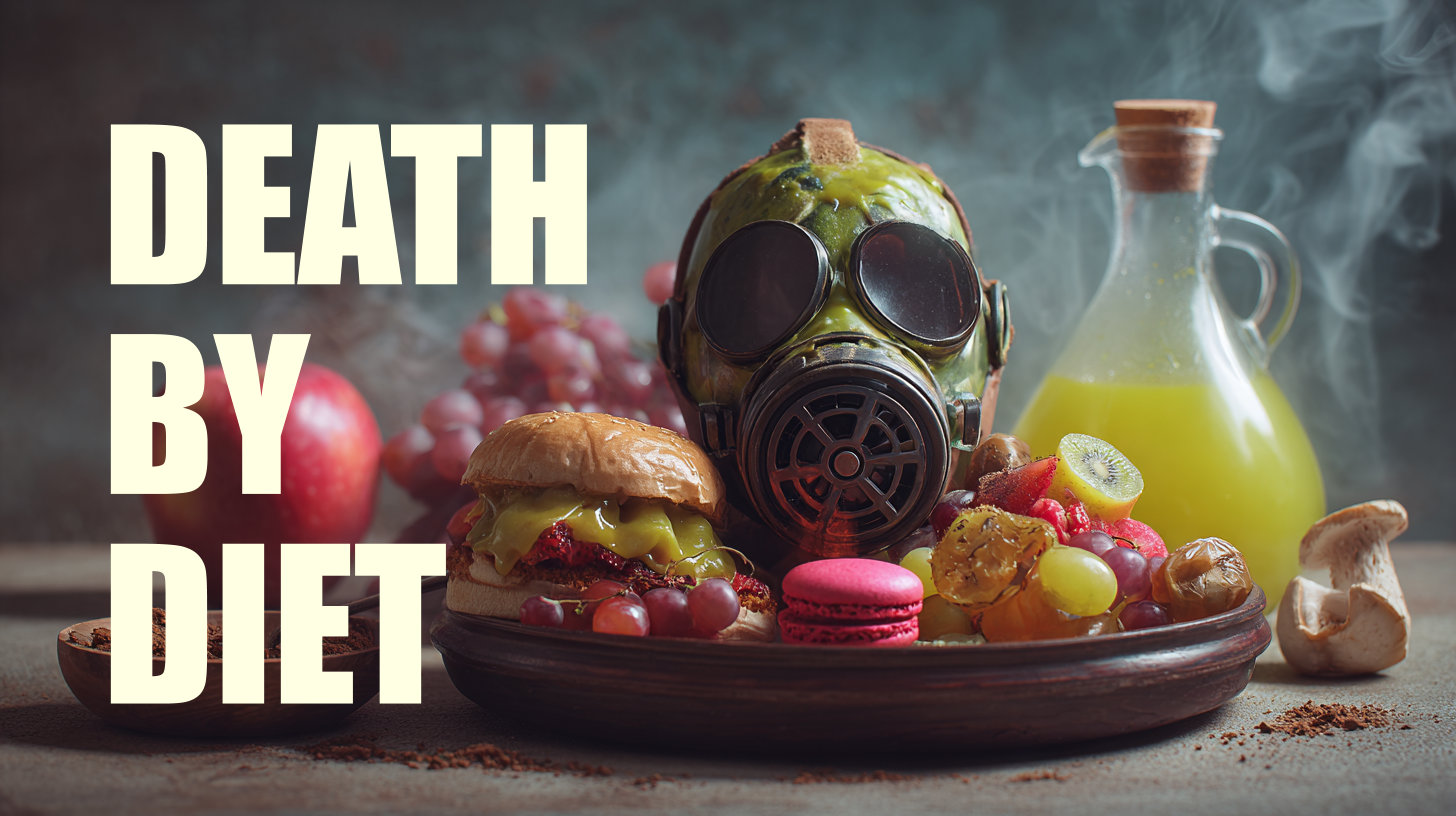 A plate of unhealthy food like a burger, macarons, and grapes sits next to a gas mask and a bottle of yellow liquid. Large text on the left reads Death by Diet. The scene looks dramatic and ominous.