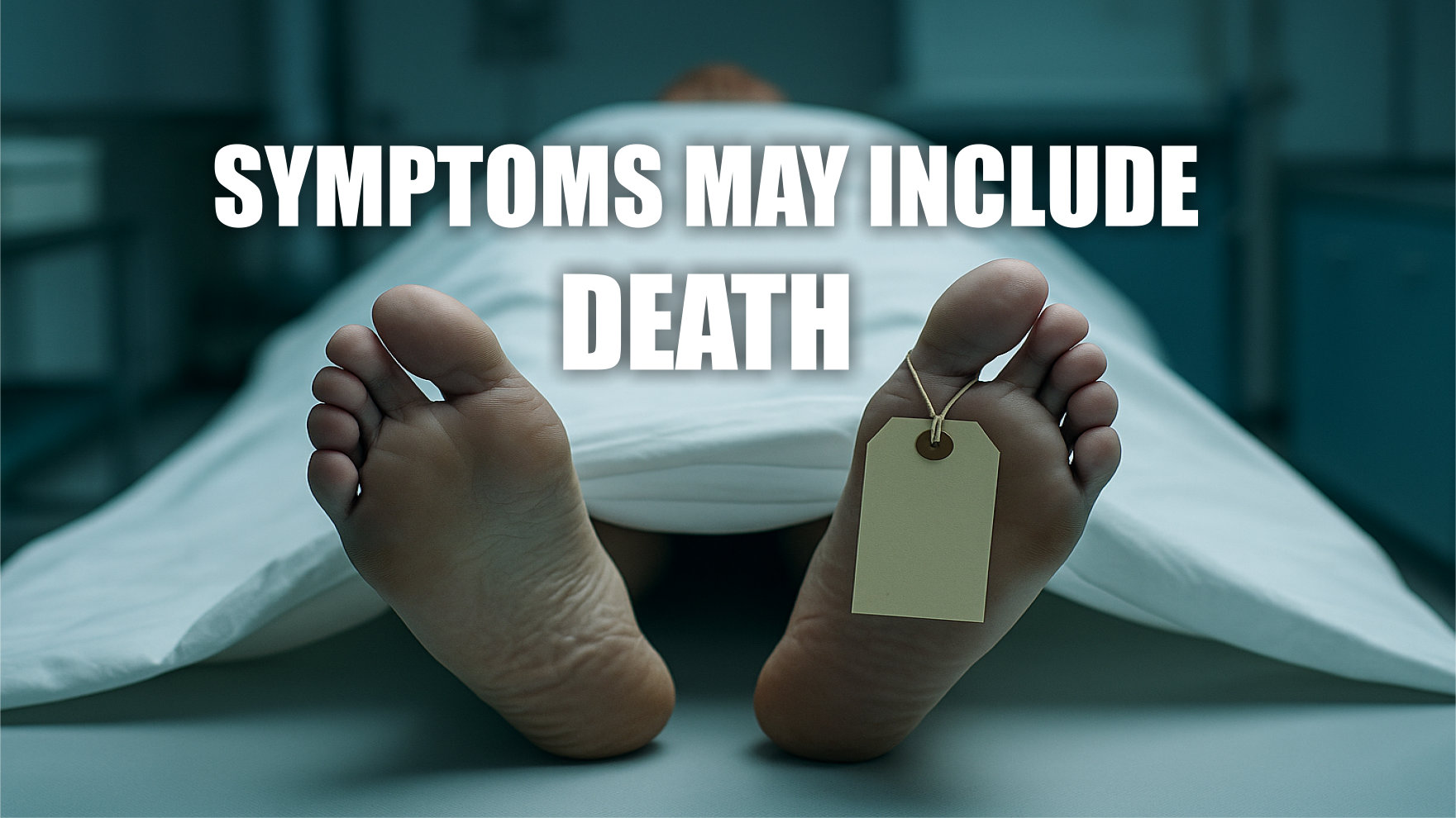 A body covered by a white sheet lies on a morgue table, feet exposed with a toe tag. Large white text over the image reads: “SYMPTOMS MAY INCLUDE DEATH.”.