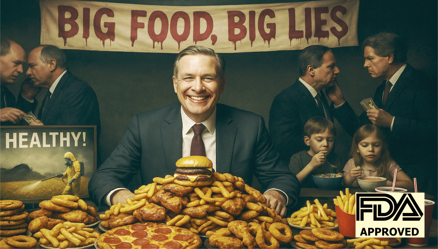 A smiling businessman sits at a table piled with fast food. Behind him is a banner reading BIG FOOD, BIG LIES. Children eat junk food, men exchange money, and a “HEALTHY!” sign is visible. An FDA APPROVED stamp is in front.