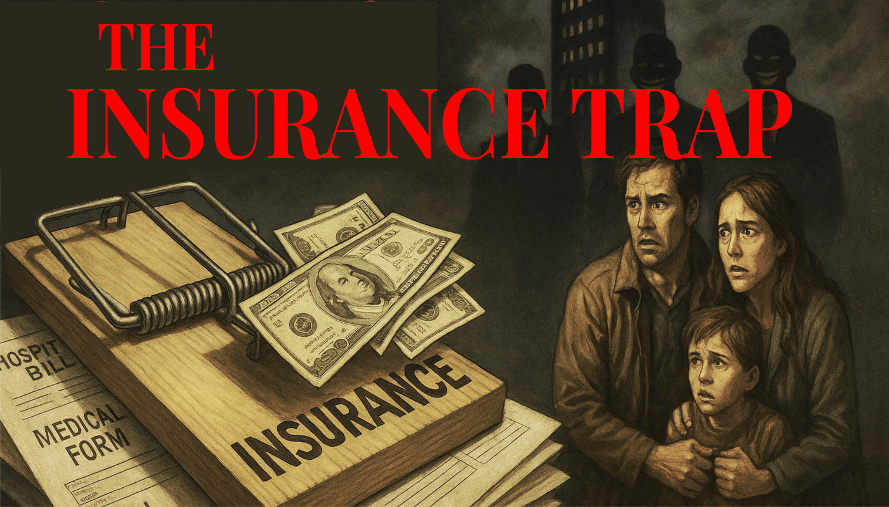 A large mousetrap labeled Insurance traps money on top of medical bills. In the background, a worried family clutches each other while shadowy figures loom. Bold red text reads The Insurance Trap.