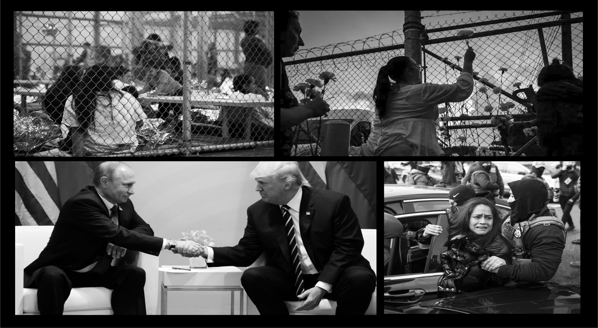 Children behind fencing reflect trauma created by policy. Flowers pressed into wire reflect grief after harm is done. Leaders seated in comfort reflect decisions made far from consequences. A woman restrained by officers reflects fear and force landing directly on the body. It shows how politics moves from rooms of authority into stress, trauma, illness, and broken lives.